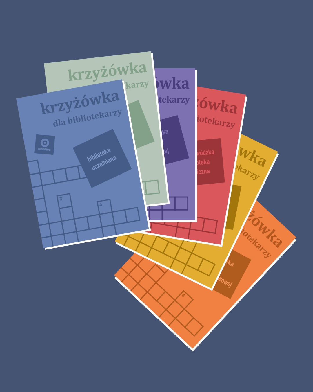Wszystkie karty tytułowe krzyżówek dla bibliotekarzy